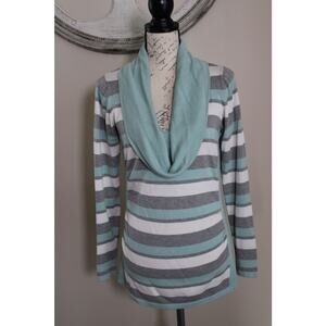Pina Rossi Women’s Striped Cowl Neck Sweater Size M Gray White Mint Soft Knit